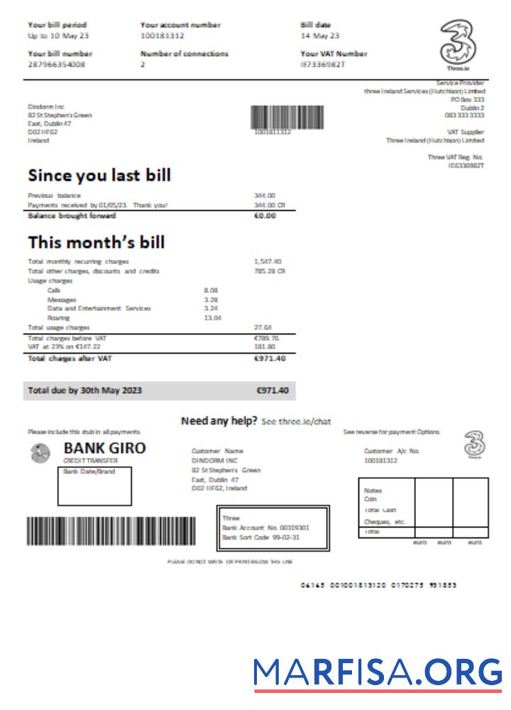 Printable Three Ireland (Hutchison) Limited utility business bill, GO example